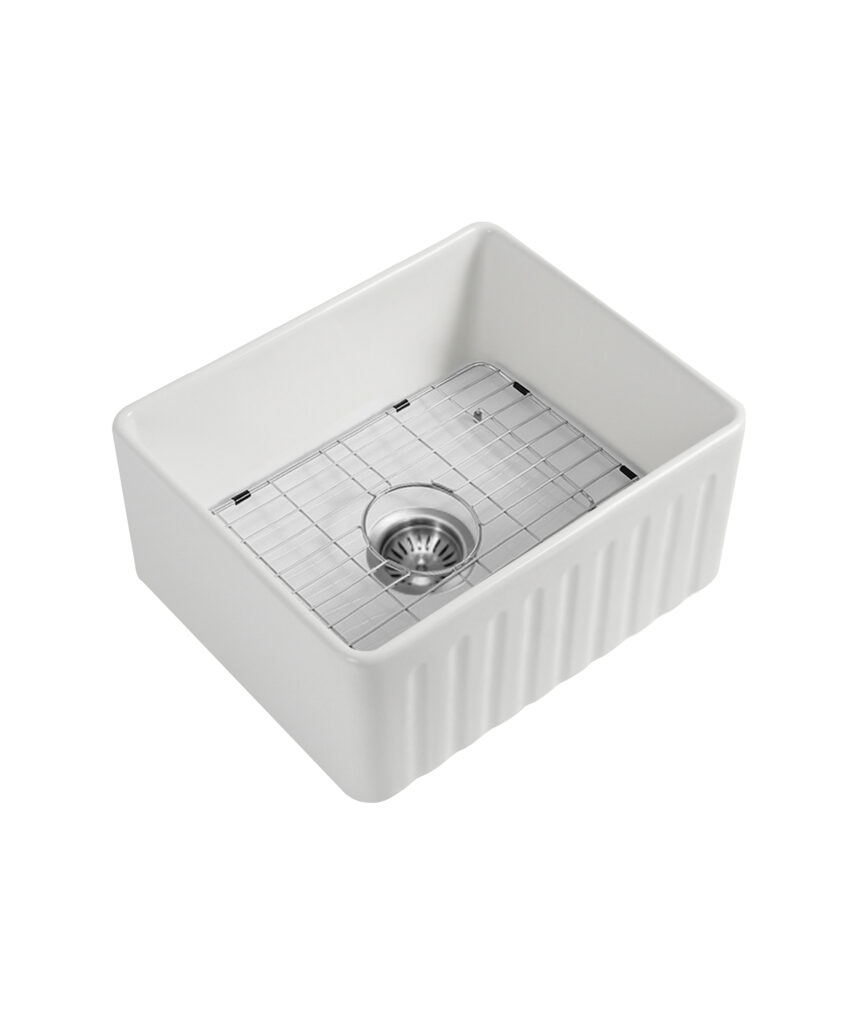 Cleo 610 Duo fluted/flat apron front ceramic sink - White Gloss