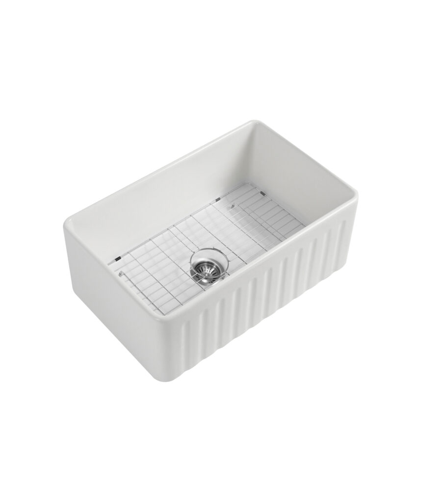 Cleo 760 Duo fluted/flat apron front ceramic sink - White Gloss