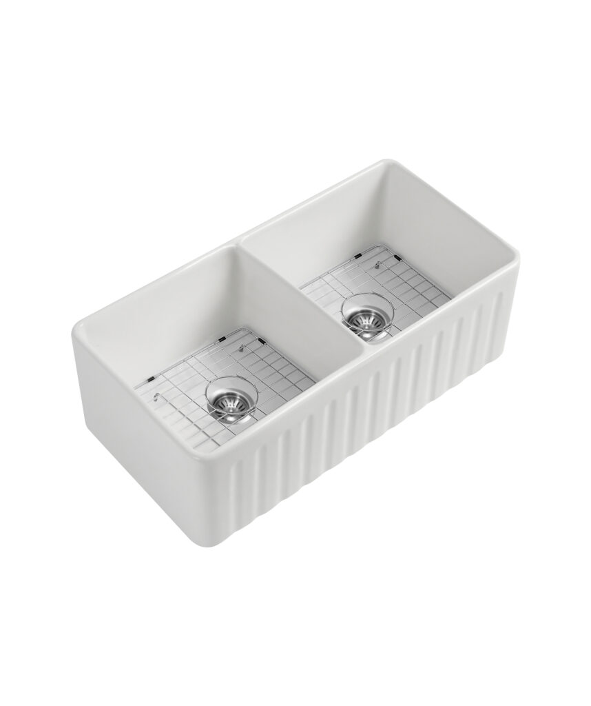 Cleo 835 Duo fluted/flat apron front ceramic sink - White Silk Matte